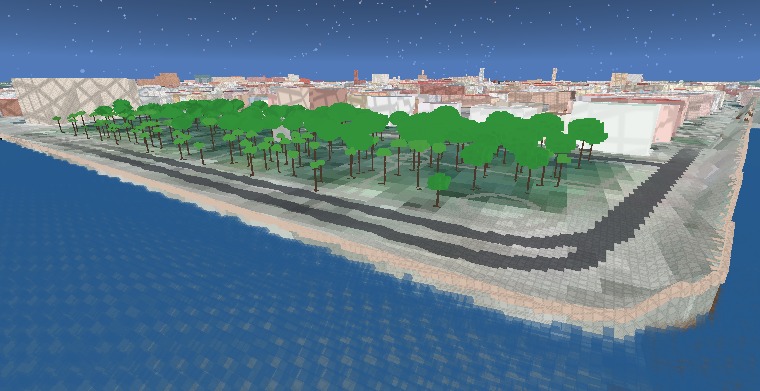 The southern tip of the Charleston peninsula from above the harbour — blue voxel water against the Battery seawall, a park of green voxel tree canopies on brown trunks behind it, and the city skyline beyond.