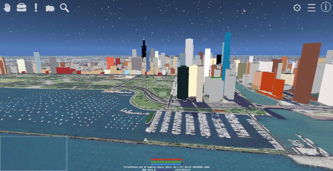 The Chicago Loop across Lake Michigan — Willis Tower breaking the skyline, Grant Park green between the towers and the shore, the DuSable Harbor marina in the foreground.