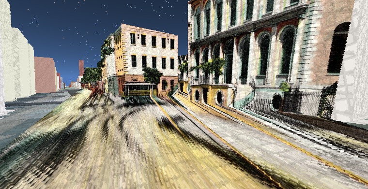 A historic photograph projected across voxelized Charleston geometry — the courthouse facade with its arched windows and the street surface both carrying the projected image, smeared along surfaces angled away from the projector.
