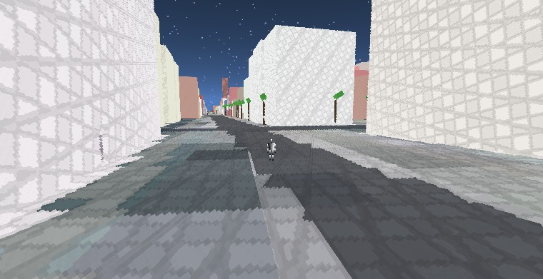 A street-level view down a Charleston street in character mode — the player character standing on the roadway, voxelized building facades lining both sides, street trees ahead, under a star-filled night sky.