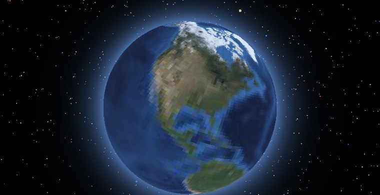 Earth from orbit — the whole planet rendered as a sphere against a star field, North America and the Gulf of Mexico visible under polar cloud and ice.