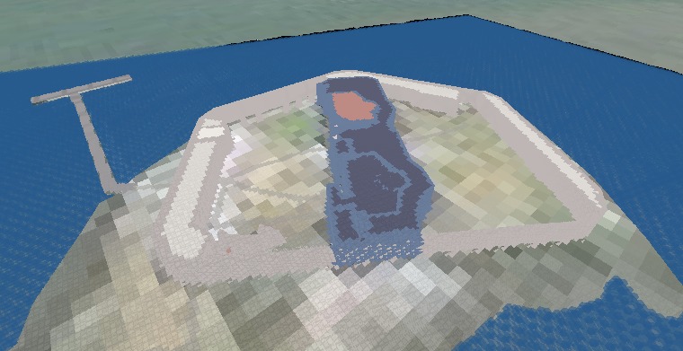 Fort Sumter seen steeply from above — the pentagonal masonry sea fort rendered as voxels on its island, its approach pier reaching out into the blue voxel water of Charleston Harbor.
