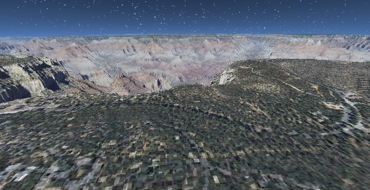 The Grand Canyon from the air — banded red and white rock walls receding across the canyon, forested rim in the foreground under a star-flecked sky.