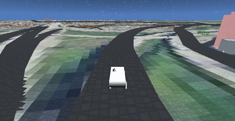A white Humvee parked on an elevated asphalt voxel deck running away from the camera, with two more raised roadway decks curving away to the left and right, green terrain on the ground far below between them, and the Charleston skyline on the horizon under a starry night sky.
