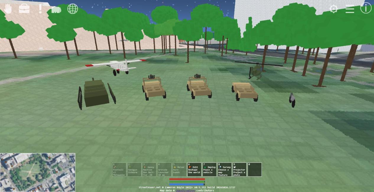 Every driveable machine, built from voxels — a tank, three Humvees, a motorcycle, a helicopter and a light plane parked on the lawn of Marion Square.
